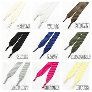 May include: A set of 10 shoelaces in various colors, including cream, white, brown, black, navy, olive green, light grey, hot pink, and butter.