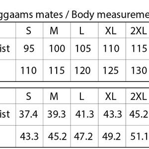 Op de afbeelding: Een maattabel met de titel Body measurements die taille- en heupmaten in centimeters en inches weergeeft voor de maten S tot 4XL. De tabel toont taillematen van 95 cm tot 125 cm en heupmaten van 110 cm tot 140 cm voor de verschillende kledingmaten.