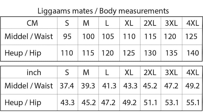 Op de afbeelding: Een maattabel met de titel Body measurements die taille- en heupmaten in centimeters en inches weergeeft voor de maten S tot 4XL. De tabel toont taillematen van 95 cm tot 125 cm en heupmaten van 110 cm tot 140 cm voor de verschillende kledingmaten.