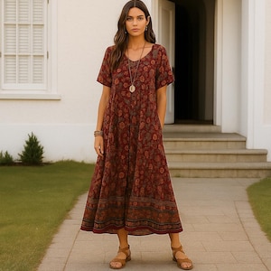 May include: A maroon floral-print dress with short sleeves and a V-neck. The dress is worn with brown sandals and a necklace. The dress has a patterned border at the hem. The background features a white building and a paved pathway.