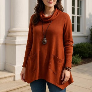 Túnica de punto cómoda con cuello tipo bufanda, patrón de costura en PDF (tamaños A0, A3, A4, Carta, S-5XL), incluye archivos de instrucciones en inglés y afrikáans.