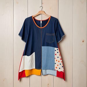 Pode incluir: Uma blusa de ganga azul com um design de patchwork. A blusa tem um bolso branco no lado esquerdo e um tecido de bolinhas azuis e brancas no lado direito. A parte inferior da blusa é uma mistura de tecido vermelho, amarelo e branco.