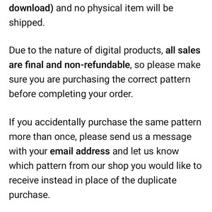 Op de afbeelding: Een informatieblad voor een digitaal naaipatroon met zwarte tekst op een witte achtergrond. De tekst luidt: Please Note: This is a digital sewing pattern (PDF download) and no physical item will be shipped. Due to the nature of digital products, all sales are final and non-refundable.