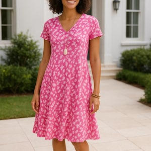 May include: A woman in a pink, white-spotted V-neck dress. She wears a pendant necklace, a bracelet, and brown sandals. The dress falls to the knees. The dress has short sleeves.