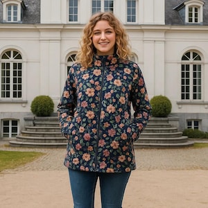 May include: A navy blue floral print jacket with a high collar and a full-length zipper. The jacket features a pattern of peach and pink flowers. The person in the image is wearing blue jeans.