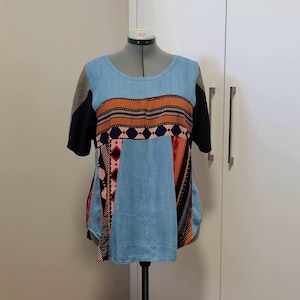 Digitaal naaipatroon voor een boho-top van gerecyclede stof (PDF), maten S-5XL (A0, A3, A4, Letter), Engelstalige en Afrikaanstalige bestanden, geschikt voor beginners.