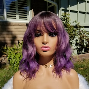 Purple ombre short bob wig with bangs, high quality deep purple synthetic wavy, short wavy wig, lavender wig, fairy hair, light purple