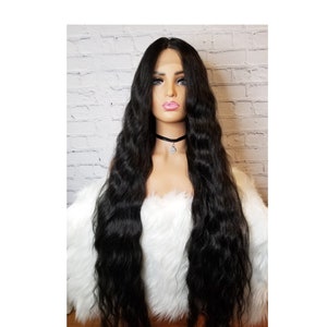 Super long lace front black wig, synthetic, wavy, 40 inch, cosplay costume renfair wig, middle part, long princess wig, black hair