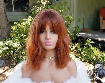 Red orange wig, auburn wavy short bob with bangs, synthetic wig heat resistant hair, sunset ginger, brown red