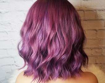 Aubergine purple short bob wig with bangs, Aubergine ombre with purple highlights, violet, dark lavender highlights, short wavy wig