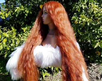 Super long ginger orange lace front wig, synthetic, wavy, 40" inches, cosplay costume, middle part, Capable cosplay, red orange realistic