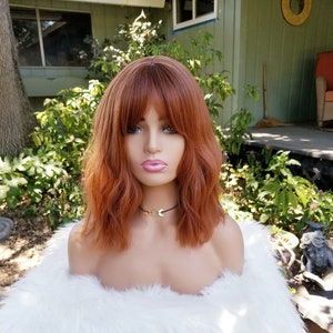 Red orange wig, auburn wavy short bob with bangs, synthetic wig heat resistant hair, sunset ginger, brown red