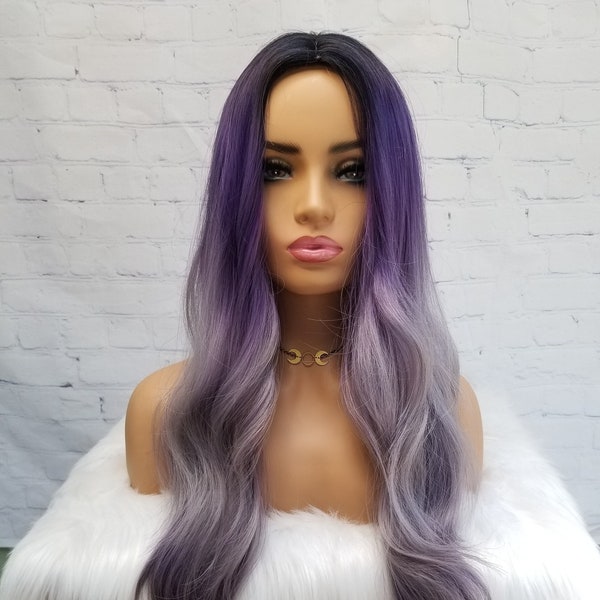 Purple gray ombre, long wavy wig, synthetic hear resistant, black purple gray silver-ish ombre, costume cosplay wig, violet lavender