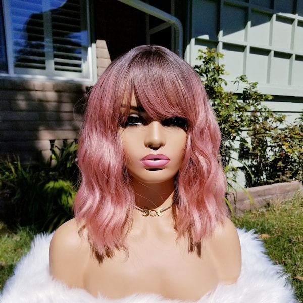 Pink ombre short bob wig with bangs, light pink synthetic wavy hair, short wavy wig with bangs, bubblegum pink, fairy hair