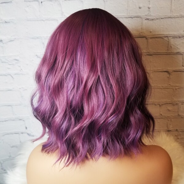 Aubergine purple short bob wig with bangs, Aubergine ombre with purple highlights, violet, dark lavender highlights, short wavy wig