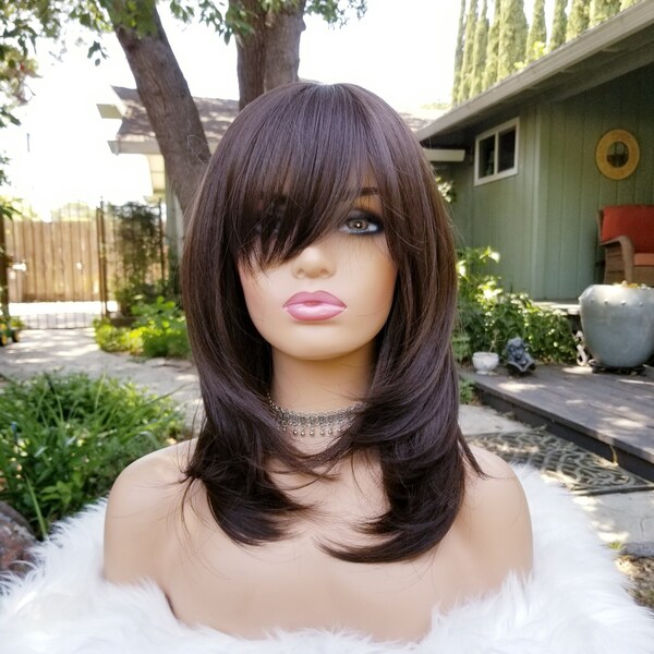 Chocolate brown layered wig with bangs, dark brown synthetic wig, heat resistant, medium long short dark brown straight hair