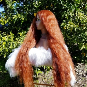 Super long ginger orange lace front wig, synthetic, wavy, 40" inches, cosplay costume, middle part, Capable cosplay, red orange realistic