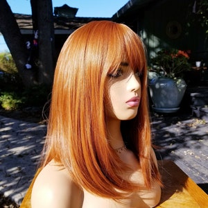 Ginger orange wig, copper light auburn straight with bangs, synthetic wig heat resistant hair, sunset ginger, brown red