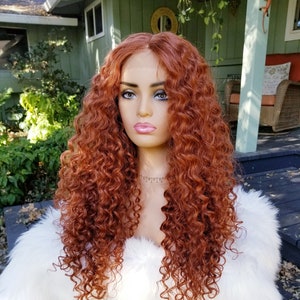 Ginger copper lace front wig, curly long synthetic middle part, orange Merida wavy heat resistant wig cosplay costume, long auburn