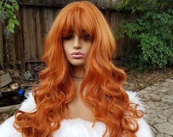 Ginger orange wig with bangs, wavy curly long redhead wig, copper hair, synthetic, drag, cosplay, costume, heat resistant, long, red