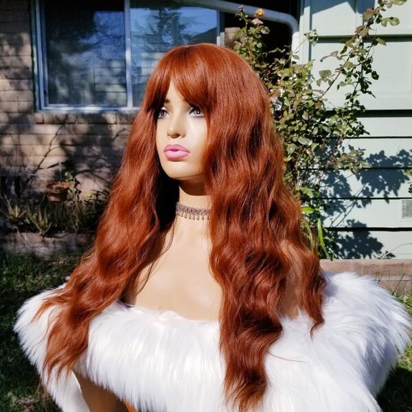 Ginger cinnamon medium brown wig with bangs, wavy long synthetic heat resistant, 24 inches long, dark honey blonde/brown, orange red tones