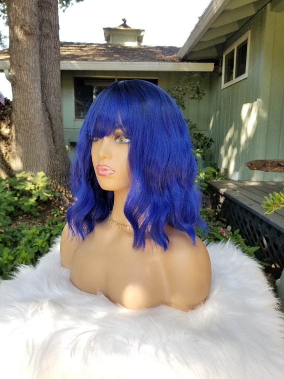 Blue Short Wavy Bob Wig Ombre Synthetic Dark Blue Bob With Bangs