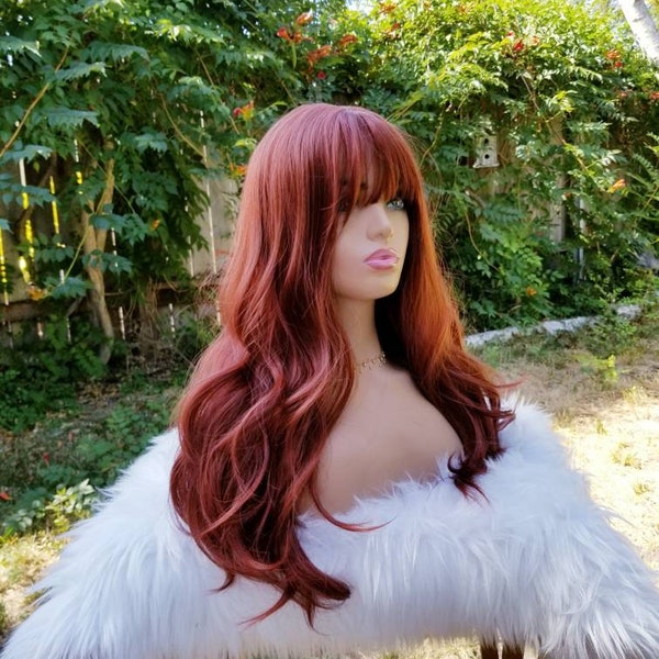 Auburn red chestnut wig, dark cherry red with bangs, synthetic heat resistant long cosplay party, curly wig