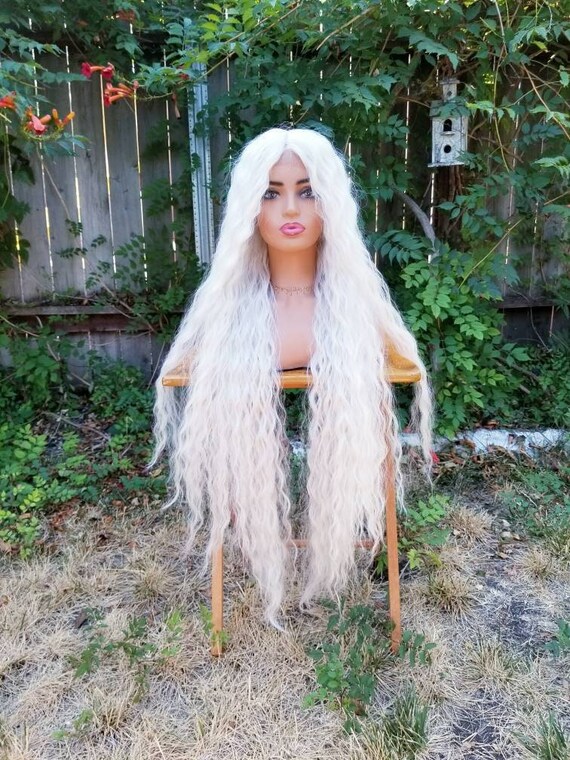 Super Long Lace Front Silver White Blonde Wig Synthetic Wavy 40