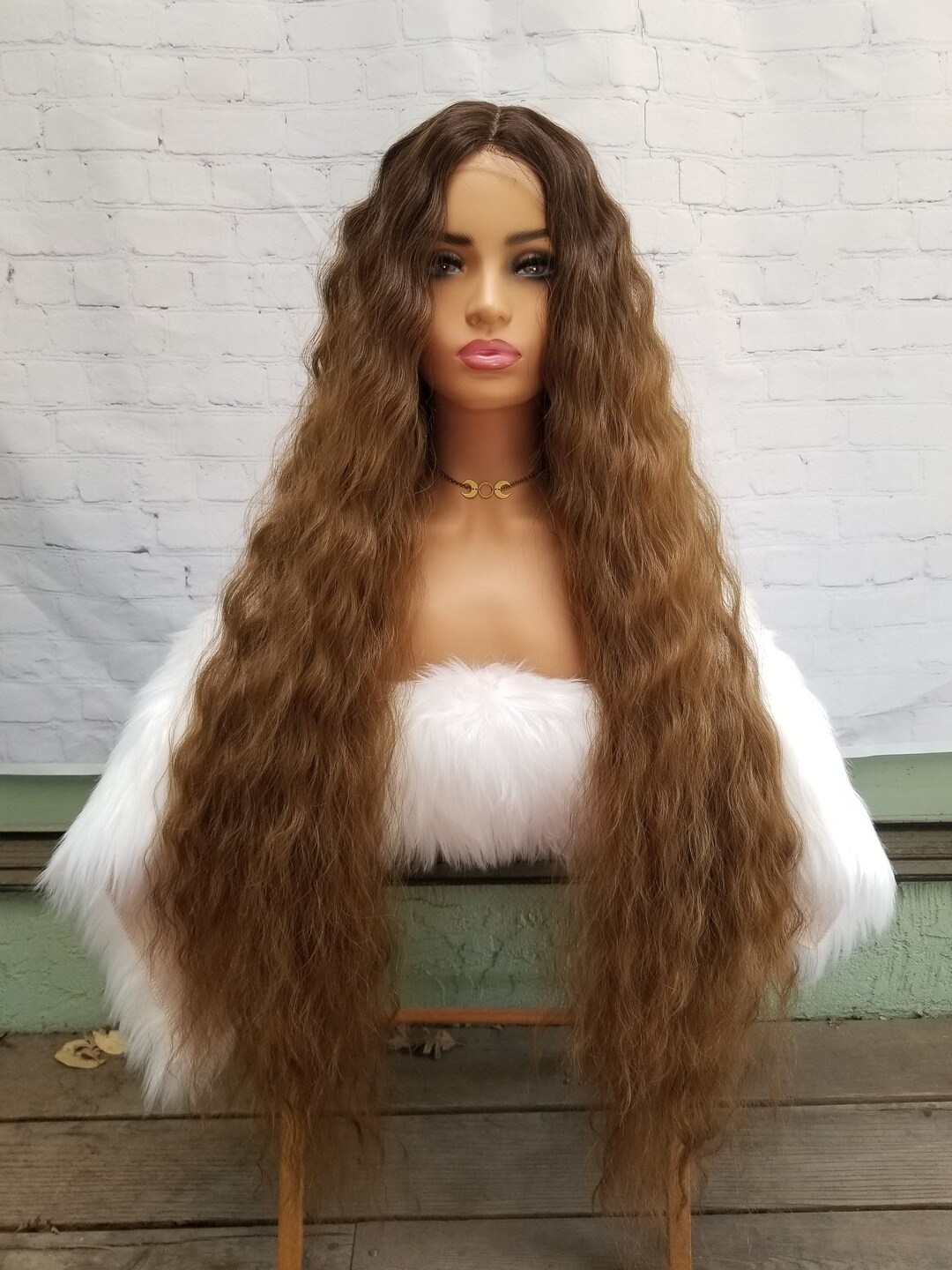 Super Long Lace Front Brown Ombre Wig, Synthetic, Wavy, 42 Inches