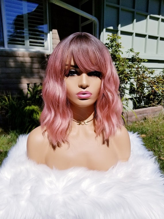 Pink Ombre Short Bob Wig With Bangs Light Pink Synthetic Wavy
