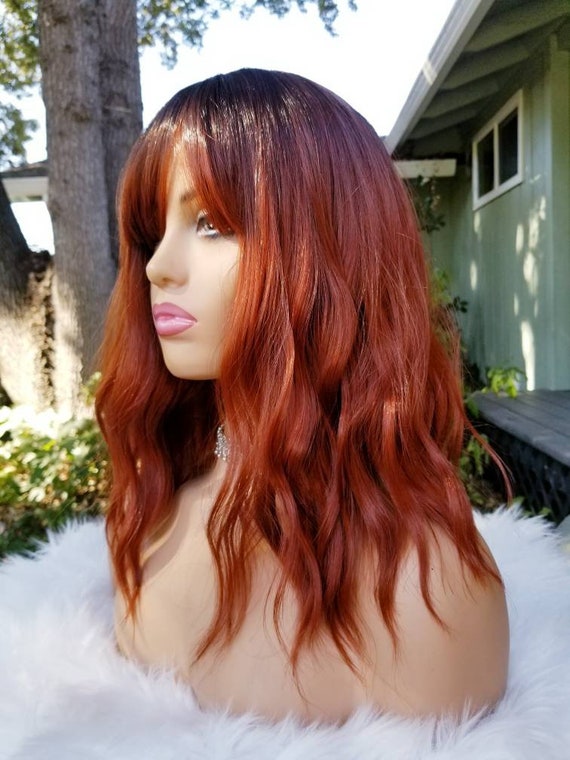 Red Wig With Bangs Auburn Ombre Wavy Short Hair Synthetic - Etsy Red Wig With Bangs Auburn Ombre Wavy Short Hair Synthetic - Etsy