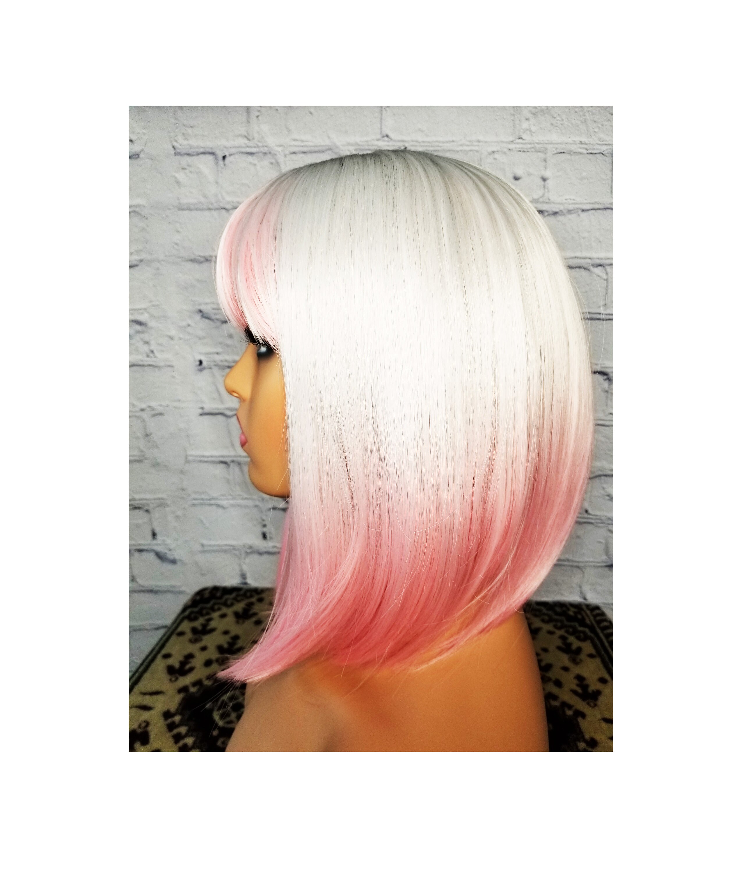 Grey Pink Ends Wig Synthetic Ombre Short Bob Wig With Bangs - Etsy Israel