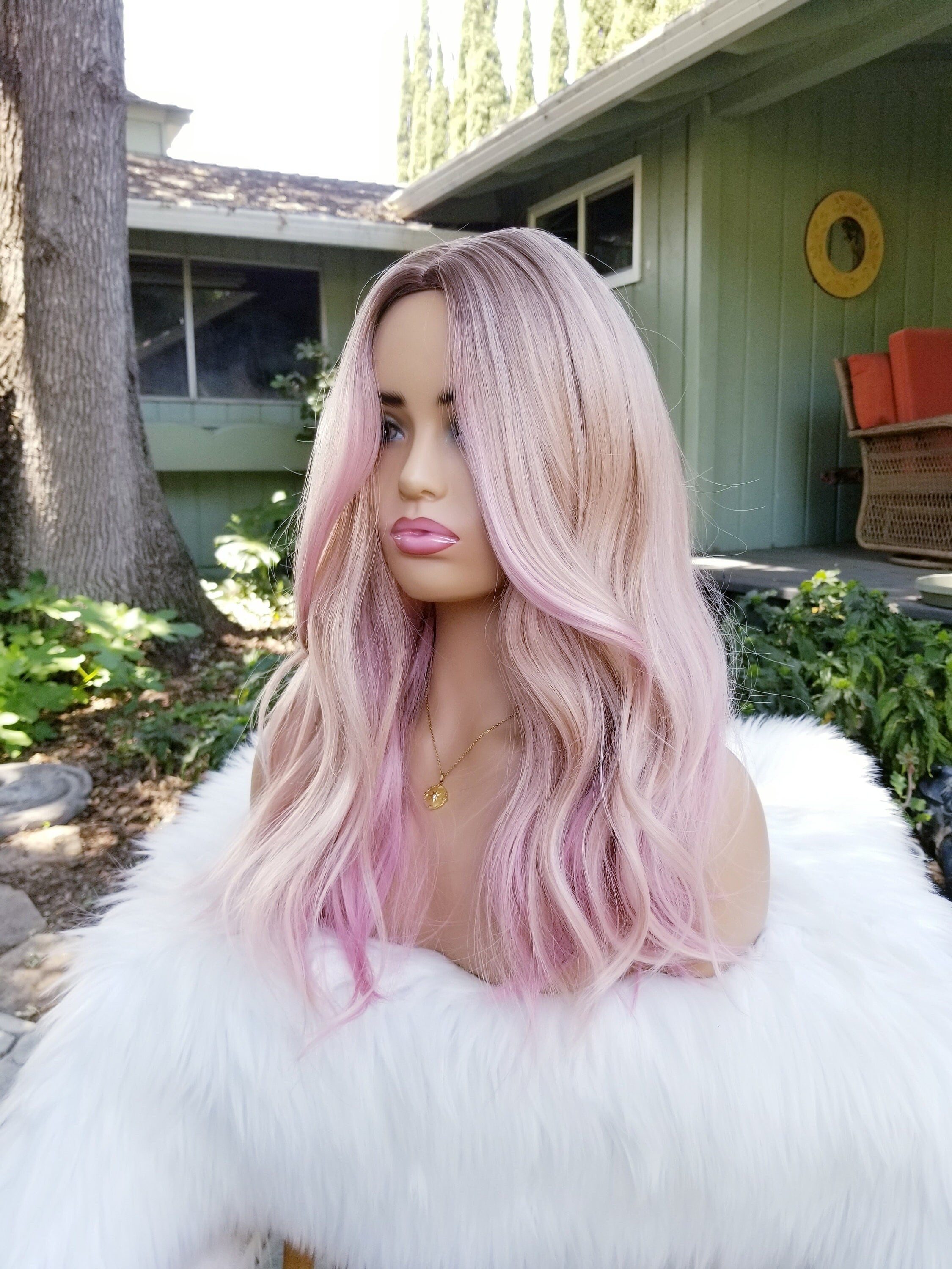 Blonde Ombre Wig With Pink Highlights Light Champagne Blonde Wavy