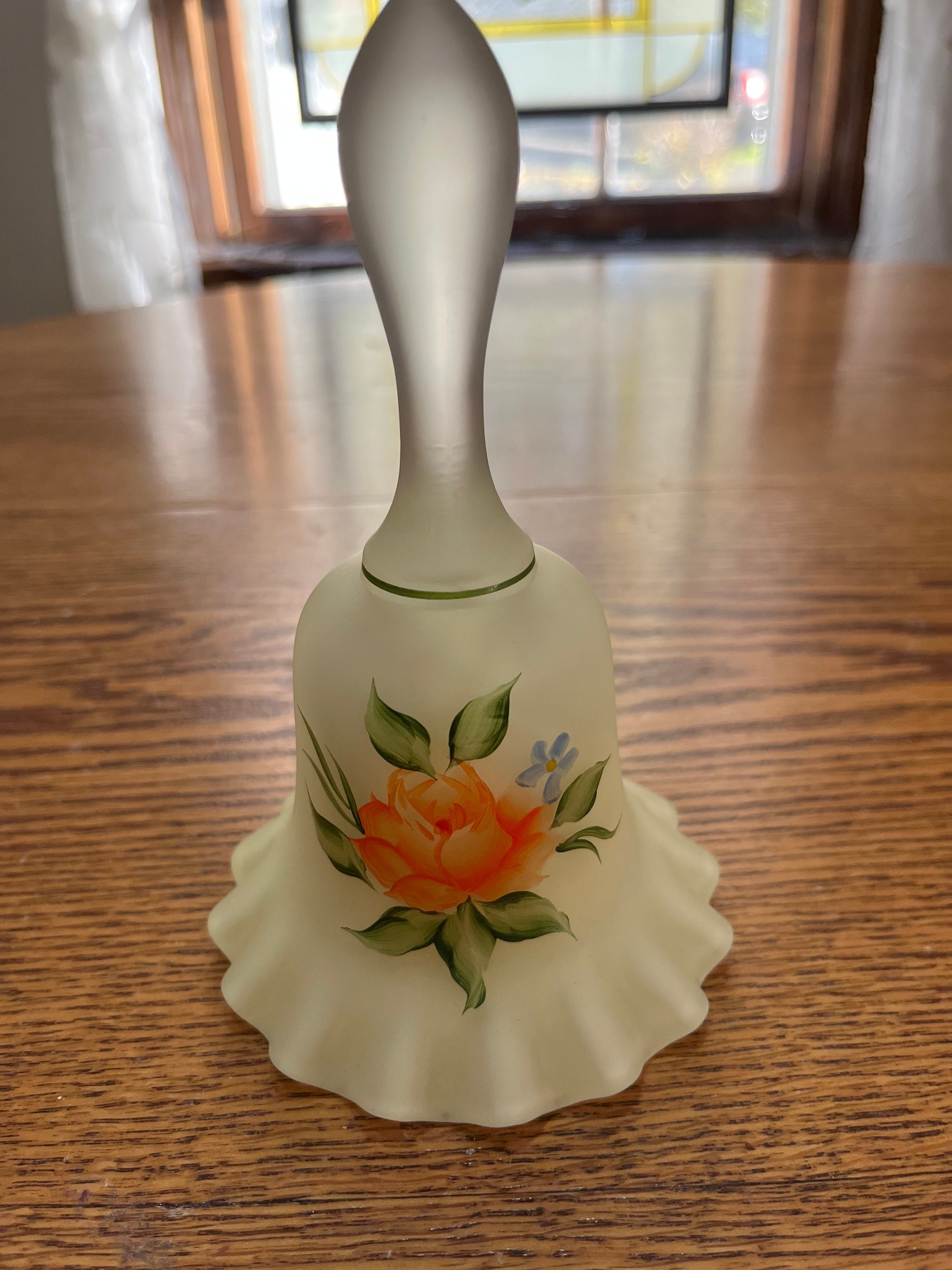 FENTON vintage eye catching custard crimped bell. Hand painted SIGNED by S Augustine