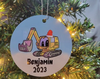 2023 Christmas Excavator Digger Ornament | Personalized Name & Year | Aluminum or Ceramic Base
