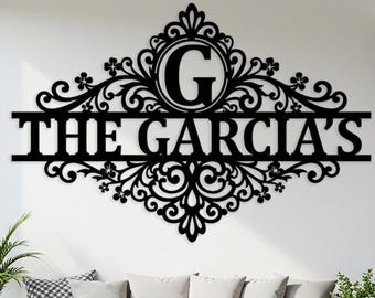 Custom Family Monogram Metal Sign, Personalized Elegant Scroll Wall Art, Outdoor Last Name Decor, Horizontal Name Wall Art, Gift for Couples