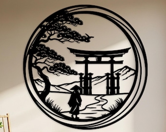 Torii Gate Metal Wall Art, Japanese Landscape Decor, Samurai Path Sign, Sanmon Bonsai Tree Decor, Yoga Studio Wall Art, Gift for Japanese