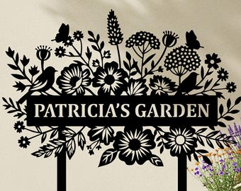 Custom Garden Name Metal Sign, Personalized Flower Yard Art, Floral Nature Outdoor Stake, Garden Name Metal Stake, Gift for Gardeners