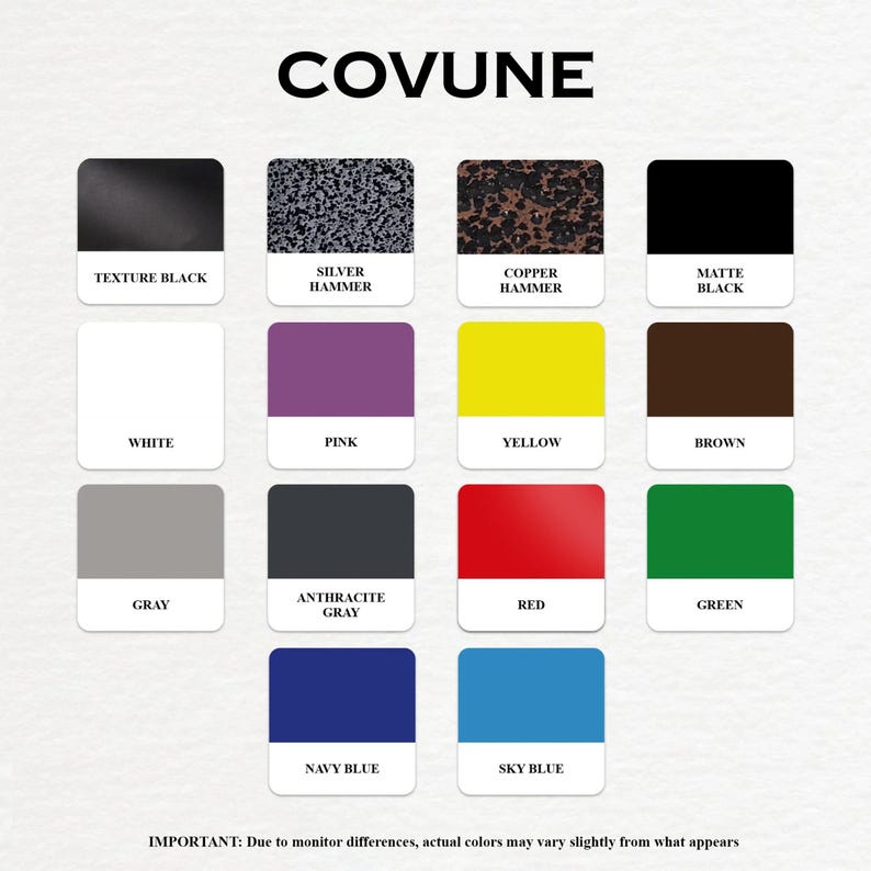 May include: A color chart with the brand name "COVUNE" at the top. The chart displays various color swatches, including Texture Black, Silver Hammer, Copper Hammer, Matte Black, White, Pink, Yellow, Brown, Gray, Anthracite Gray, Red, Green, Navy Blue, and Sky Blue.