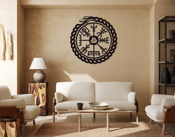 Ouroboros Schlange Vegvisir Metall Wandkunst, Wikinger Kompass Metall Wanddeko, extra große Outdoor Wanddeko, skandinavisches Design Wandbehang