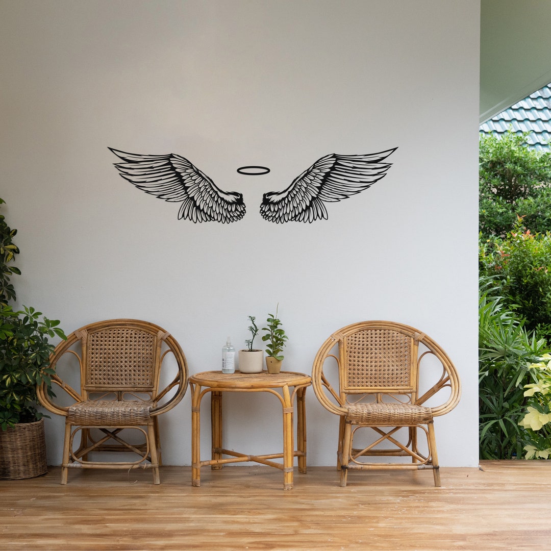 Angel Wings With Halo Metal Wall Decor, Metal Angel Wings Wall Decor