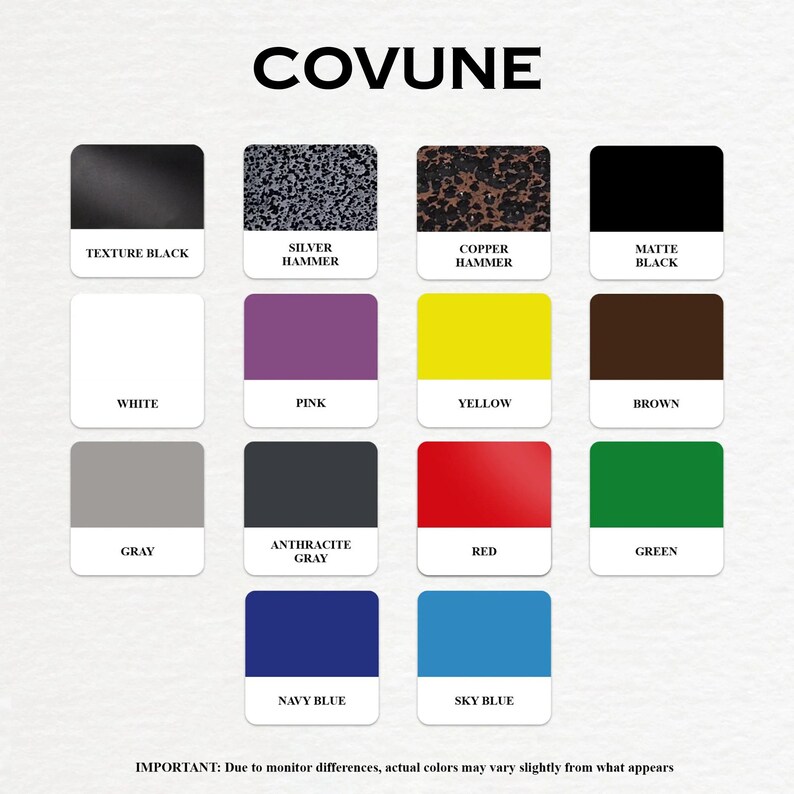 May include: A color chart with the brand name "COVUNE" at the top. The chart displays 16 color swatches, including Texture Black, Silver Hammer, Copper Hammer, Matte Black, White, Pink, Yellow, Brown, Gray, Anthracite Gray, Red, Green, Navy Blue, and Sky Blue.