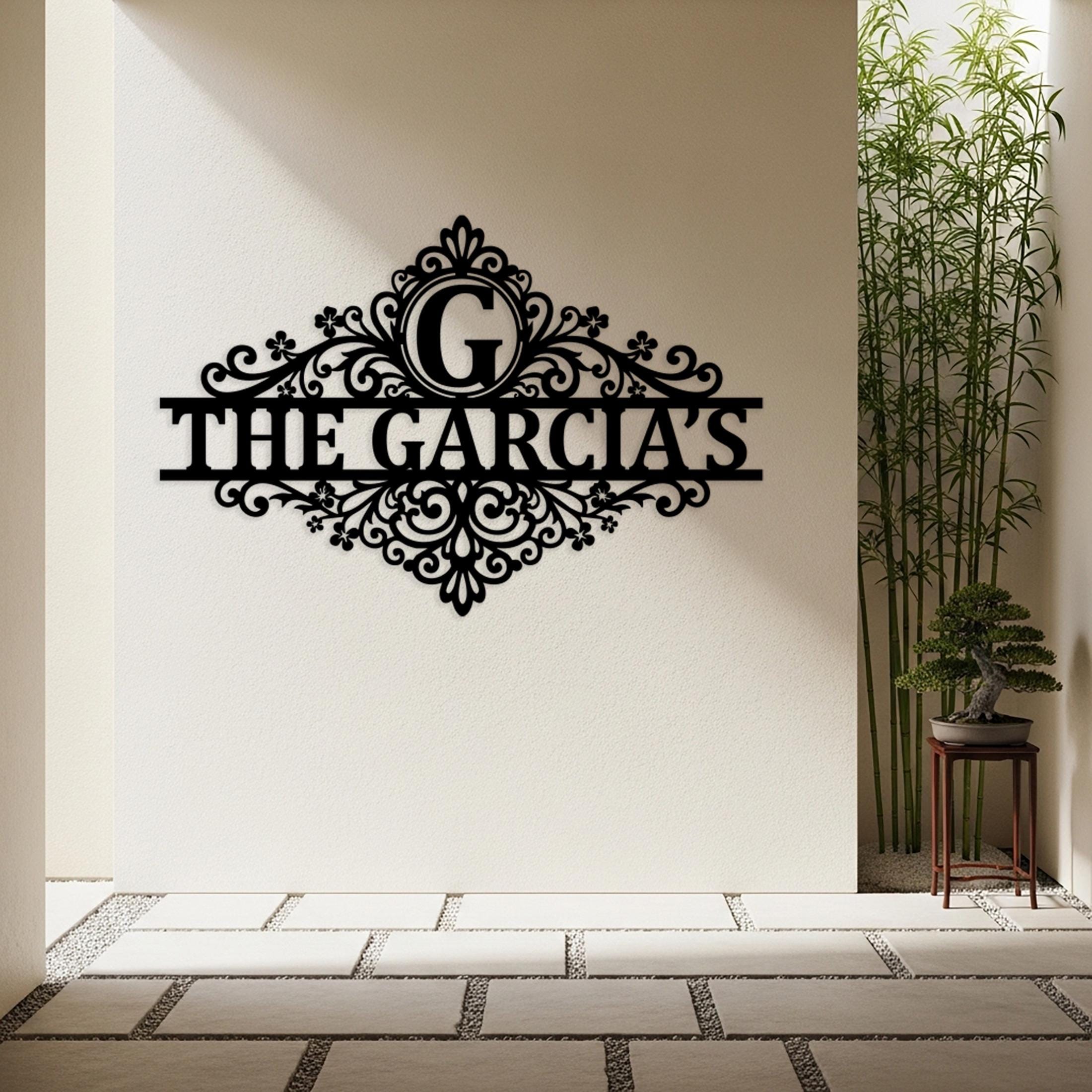 Custom Family Monogram Metal Sign, Personalized Elegant Scroll Wall Art