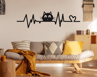 Black Cat Metal Wall Art, Black Cat Decor, Cute Cat Decor, Cat With Heart Pulse Wall Decor, Unique Gifts For Cat Lovers, Gift For Cat Owners