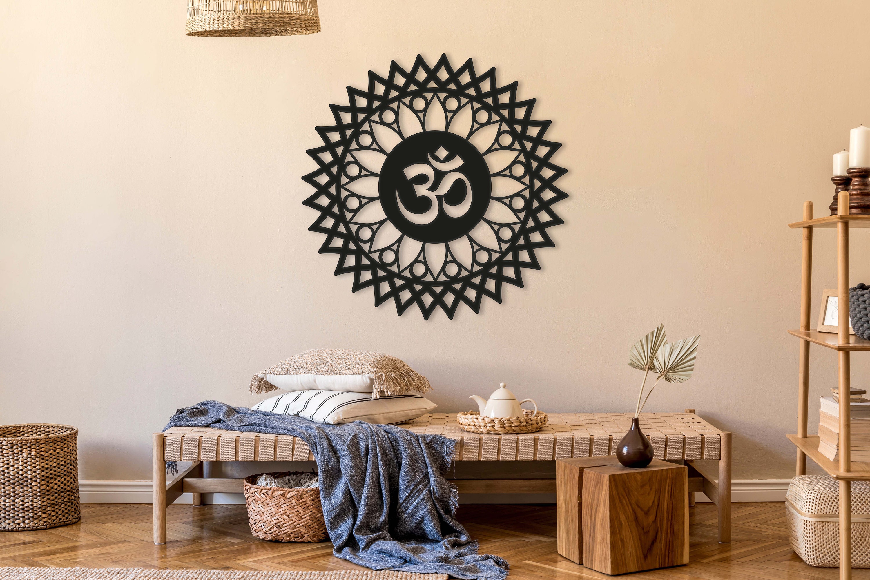 Decor, White Inspirational Mandala Om Art, Room Art Decoration, Wall Etsy Minimalist Metal Geometric - Decor, Black Modern Metal and Outdoor Wall
