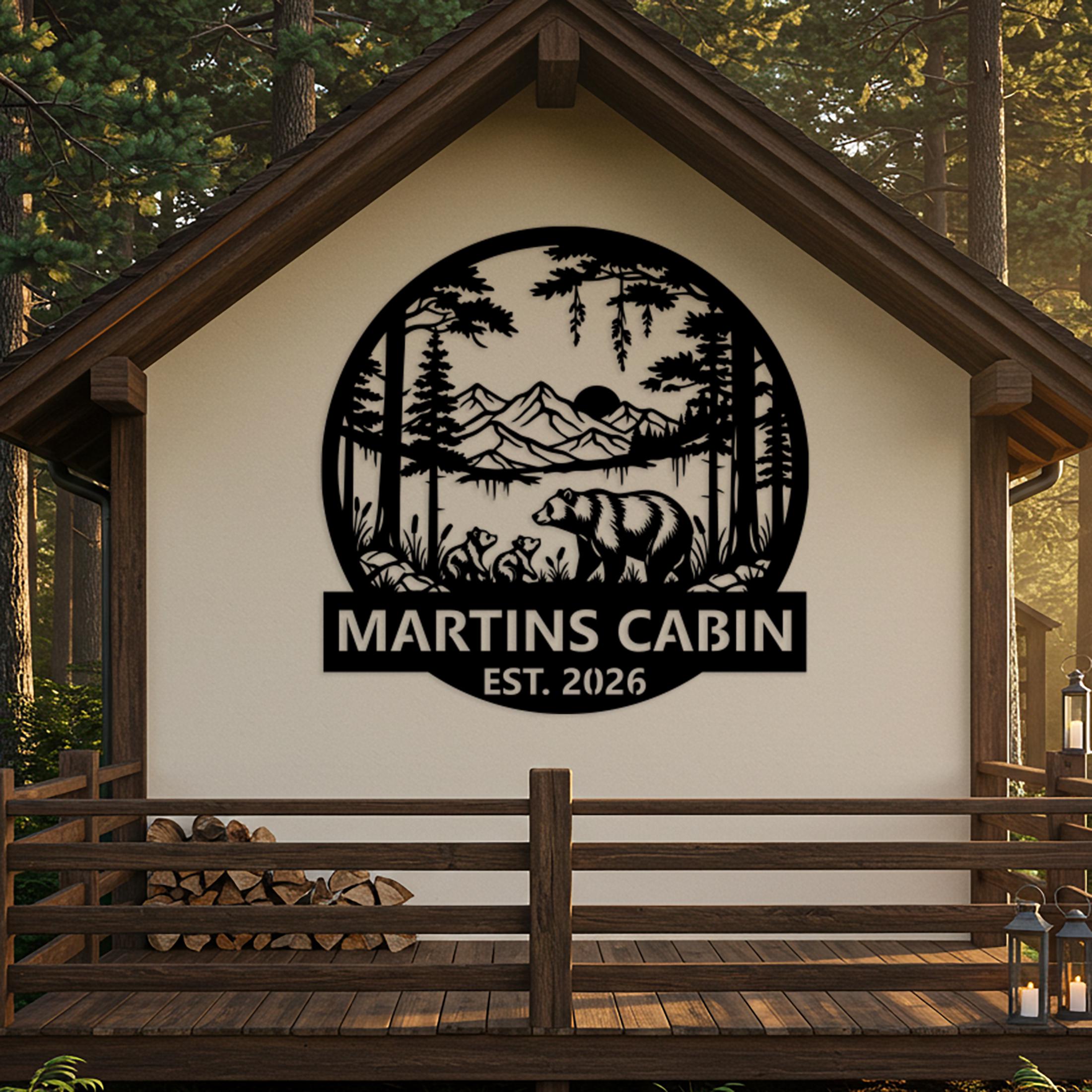 Custom Mountain Cabin Metal Sign, Personalized Bear Family Wall Art ...