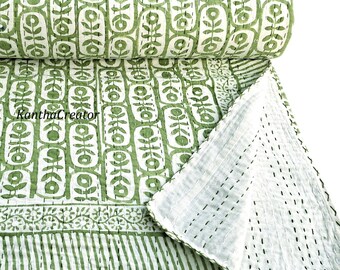 Copriletto reversibile in cotone fatto a mano, coperta Kantha con stampa floreale a blocchi, copriletto leggero.