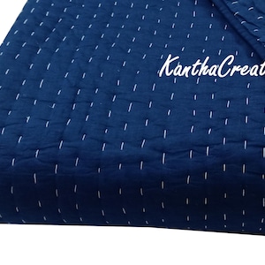 Solid Indigo Blue Kantha Cotton Bedding Quilt, Indian Handmade Reversible Soft 100%Cotton Quilted AC Blanket, Hand Dyed Bed/Sofa Decor Quilt