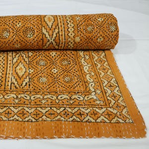 Hand Dyed Block Print Kantha Throw, Bohemian Cotton Bedspread, Queen Size Reversible Sofa Quilt