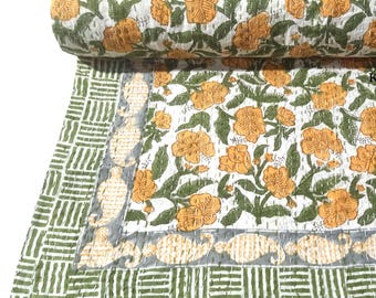 Yellow & Green Floral Hand Block Printed Kantha Bedding Throw Coverlet, Indian Reversible Luxury 100% Soft Cotton Hand Stitched Bedspread